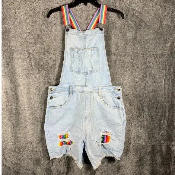 Overall Shorts Womens Medium Blue Denim Jeans Rainbow Details Festival Casual - Picture 1 of 15